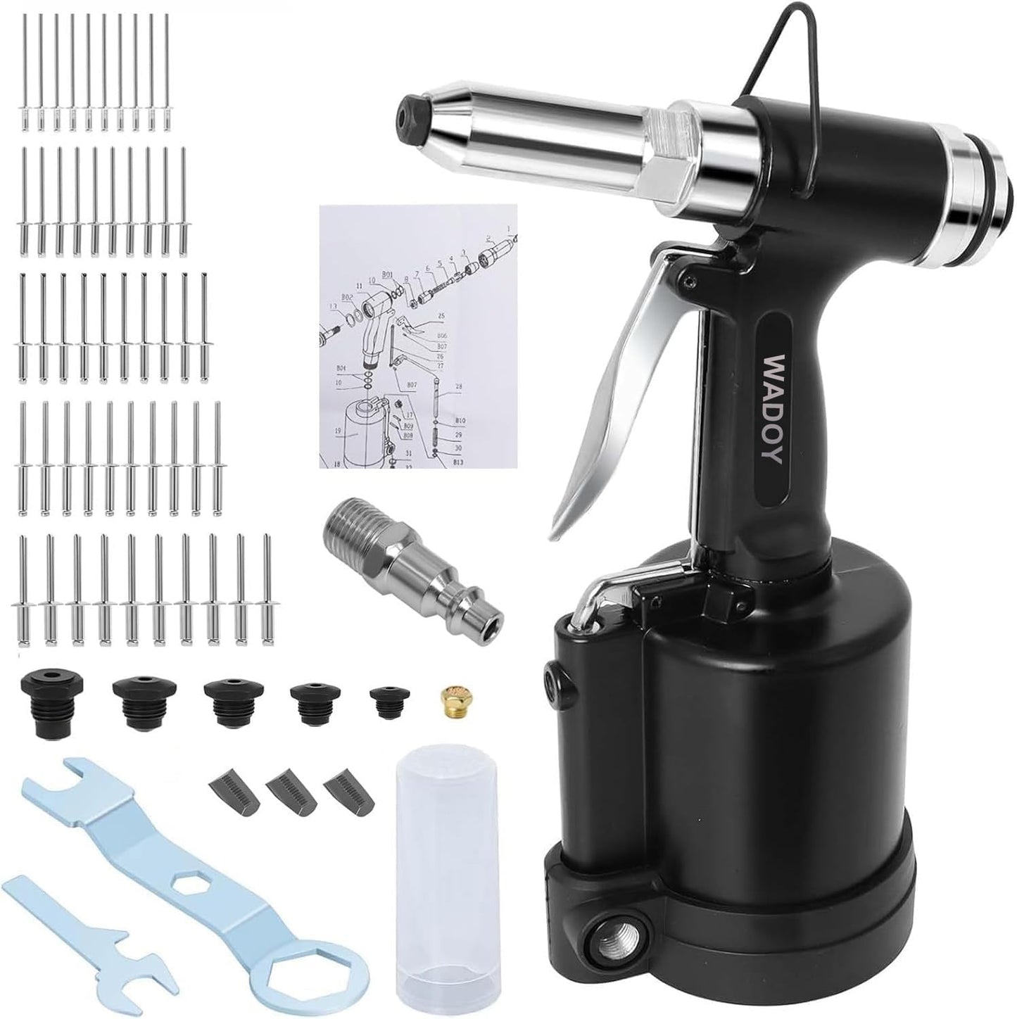 Air Rivet Gun Heavy Duty, Pneumatic Pop Rivet Gun Tool Set 3924lbf 50PCS Rivets with 3/16", 5/32", 1/8", 3/32",1/4" Air Riveter for Automotive, Construction, Industrial, Aluminum Boat Restoration