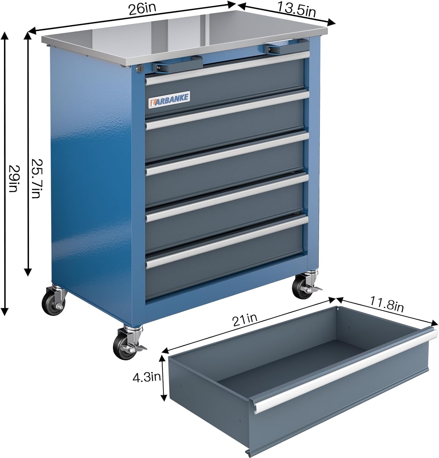 5-Drawer Rolling Tool Chest,Tool Chest with Keyed Locking System, with Wheels and Foot Pads,Rolling Tool Cabinet with Stainless CounterTop and Drawer Liners,Unique Link Buckle for Connecting