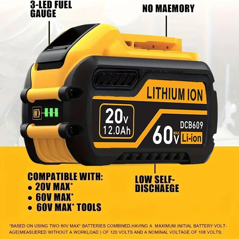 60V 12Ah 4-Pack Replacement Battery- High-Capacity Lithium-Ion for DCB612 DCB606 DCB609 Tools- Compatible with Dewalt 20V/60V Power Tools- Extended Runtime & Overload Protection