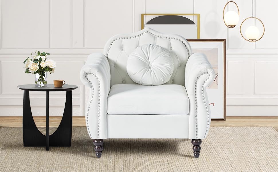 AVZEAR Modern Upholstered Accent Chair, Mid-Century Modern Armchair Single Sofa Chair, Tufted Lounge Reading Chair with Pillow for Living Room, Bedroom, Office (White)