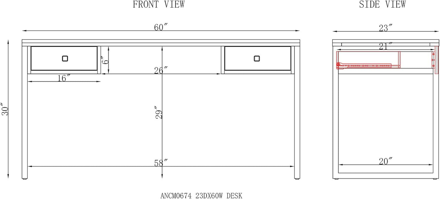 Alaterre Furniture Claremont Rustic Wood and Metal Office Desk, 60 in. W x 23 in. D x 30 in. H, Natural Wood Grain Finish with Two Side Drawers, Ideal for Home Office and Study Room