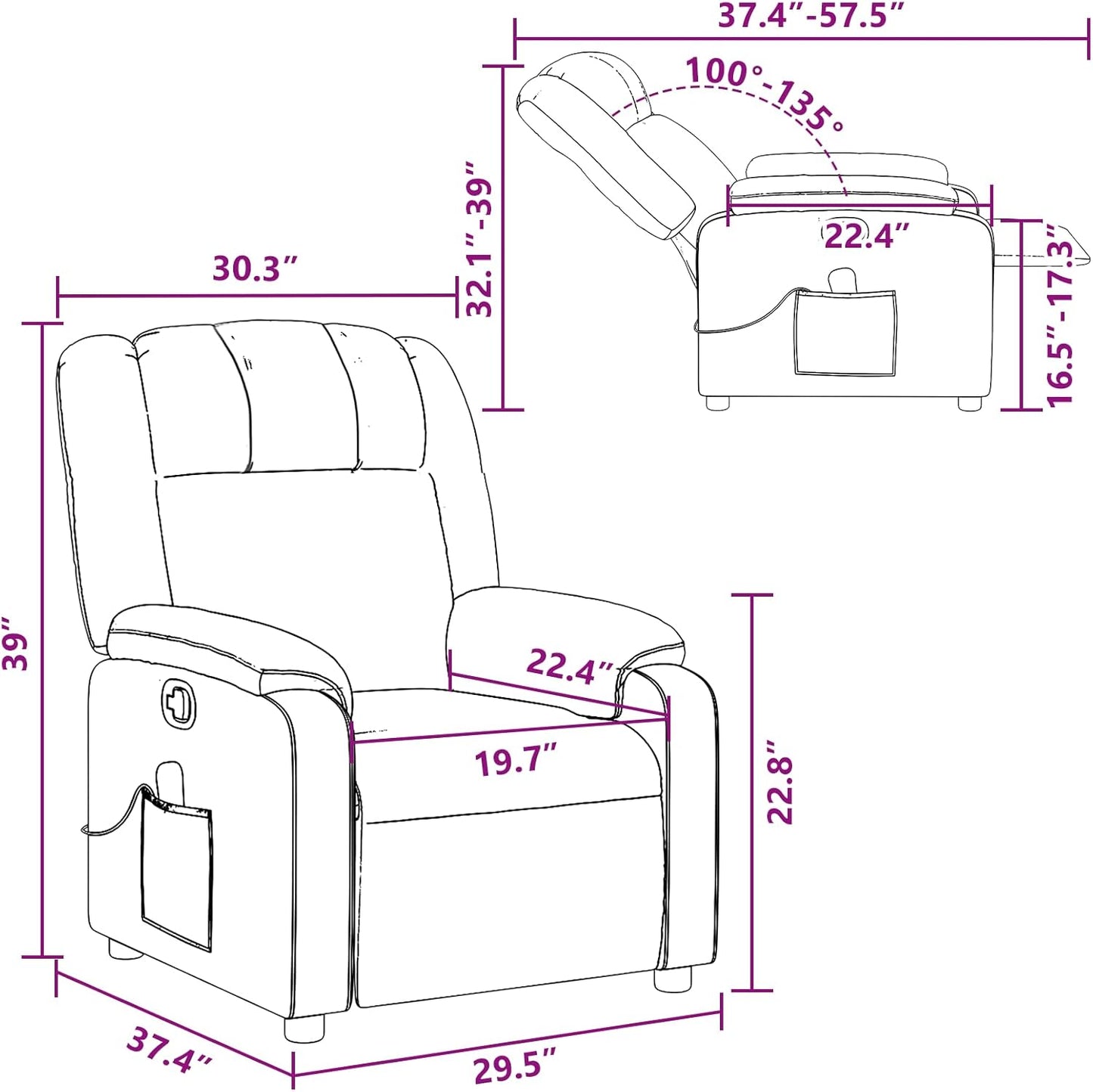 vidaXL Massage Recliner Chair for Living Room, Adjustable Recliner with 6-Point Vibration Massage, Home Theater Seating with Padded Seat Backrest & Side Pocket, Dark Green Fabric