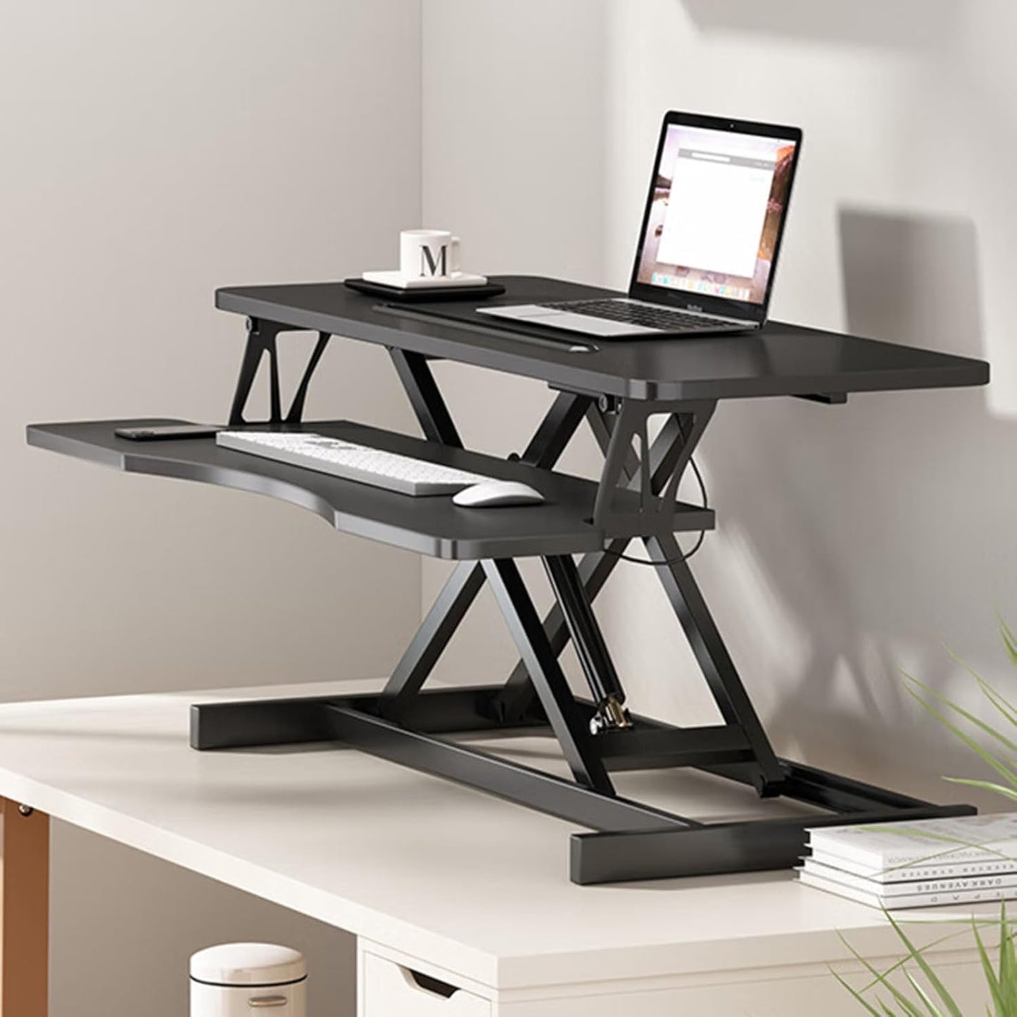 32 Inch Home Office Desk Converter Height Adjustable Sit to Stand Riser, Dual Monitor Laptop Workstation with Wide Keyboard Tray (Black)