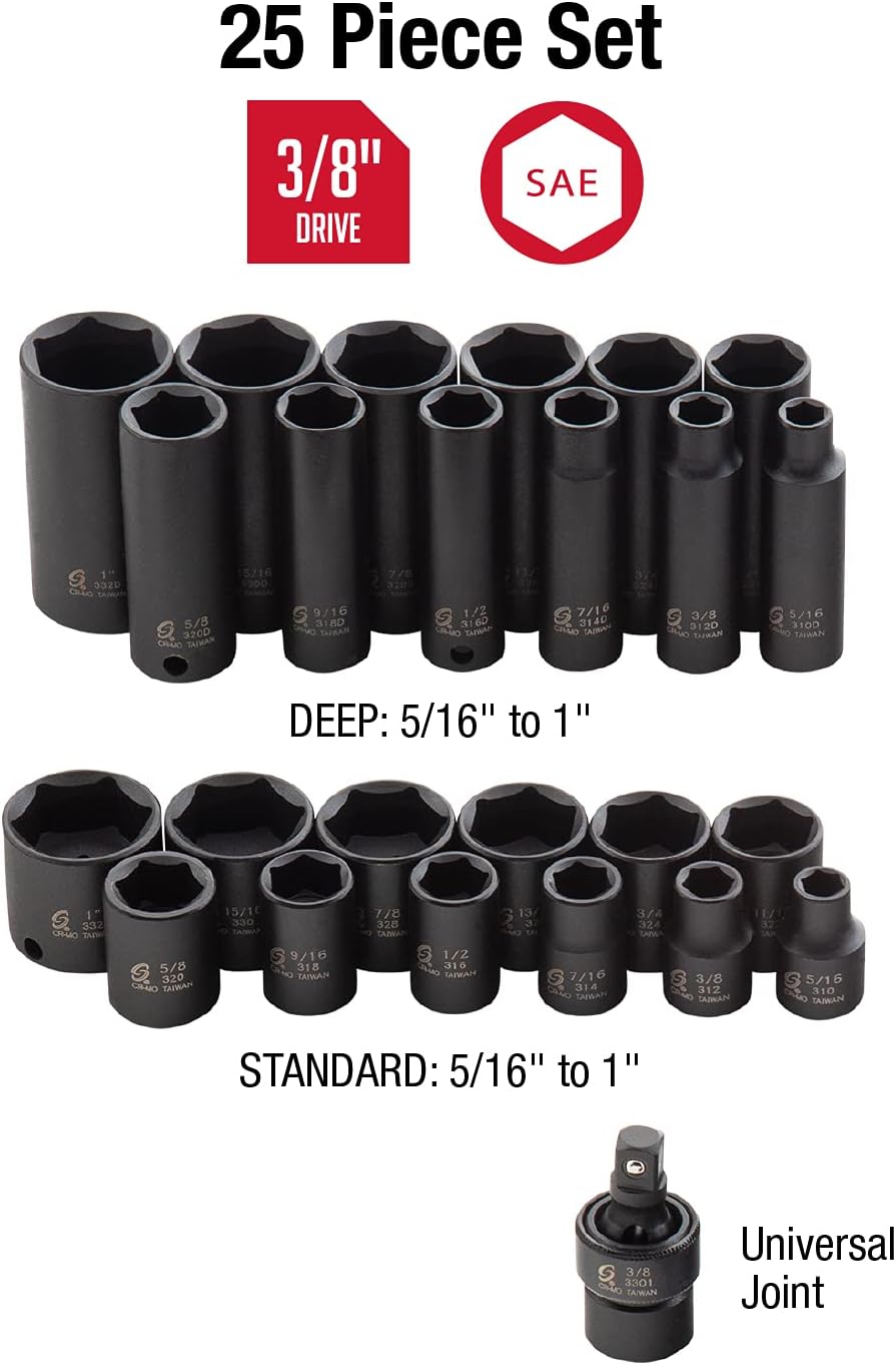 SUNEX TOOLS 3325 3/8-Inch Drive SAE Master Impact Socket Set., Standard/Deep, 6-Point, Cr-Mo, 5/16-Inch - 1-Inch, 25-Piece
