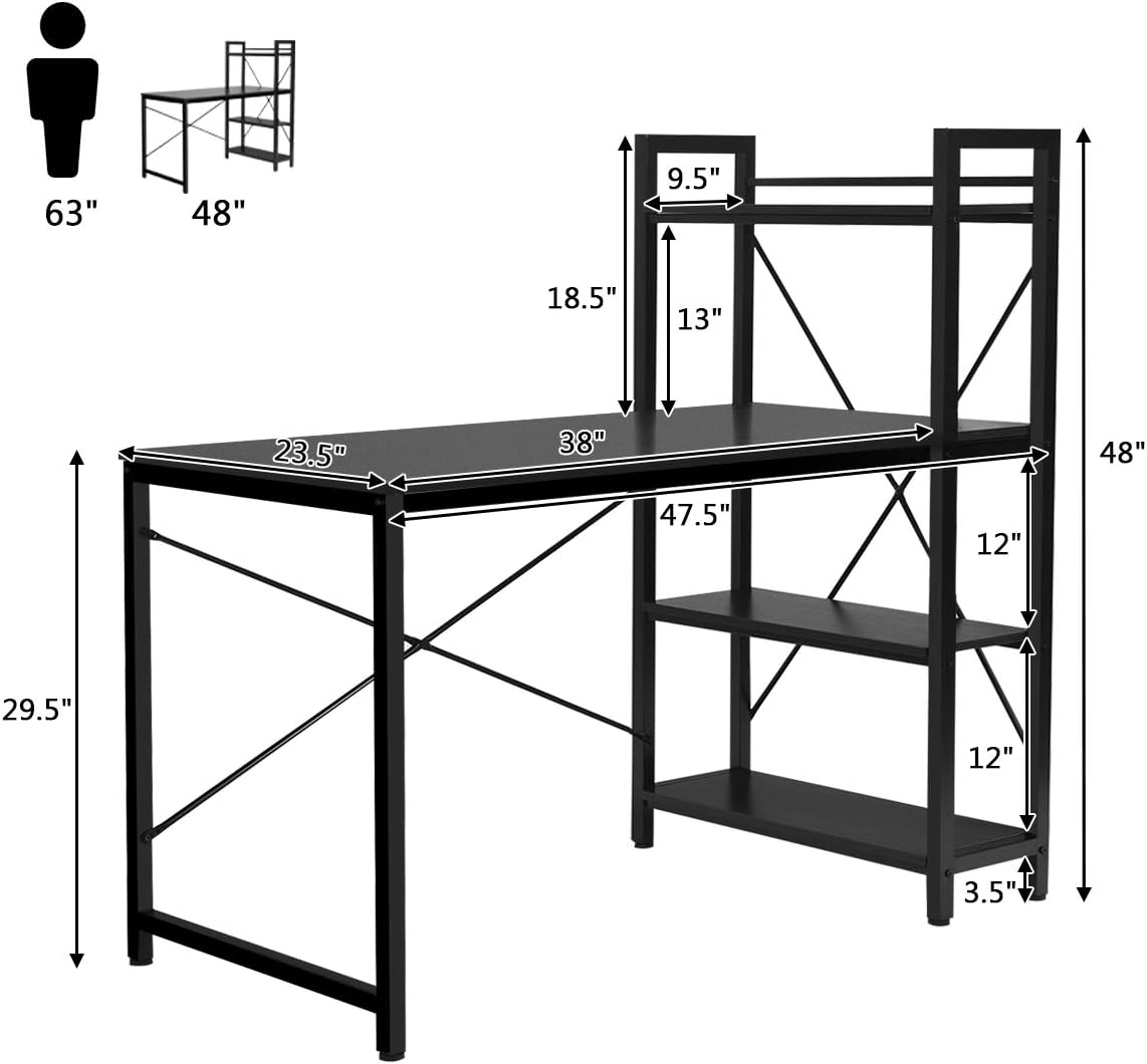 Tangkula Computer Desk with 4 Tier Shelves, Study Writing Table with Storage Bookshelves, Modern Compact Home Office Workstation, 47.5" Tower Desk with Steel Frame & Adjustable Feet Pad, Black