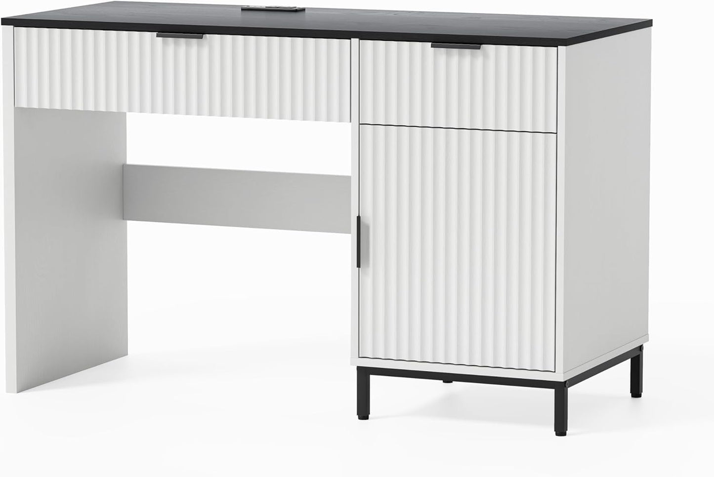 47" Home Office Desk with Fluted Drawers, Wood Exectuive Desk with Storage Cabinet, Charging Station, Metal Legs Modern Farmhouse Computer Desk for Work, Study White