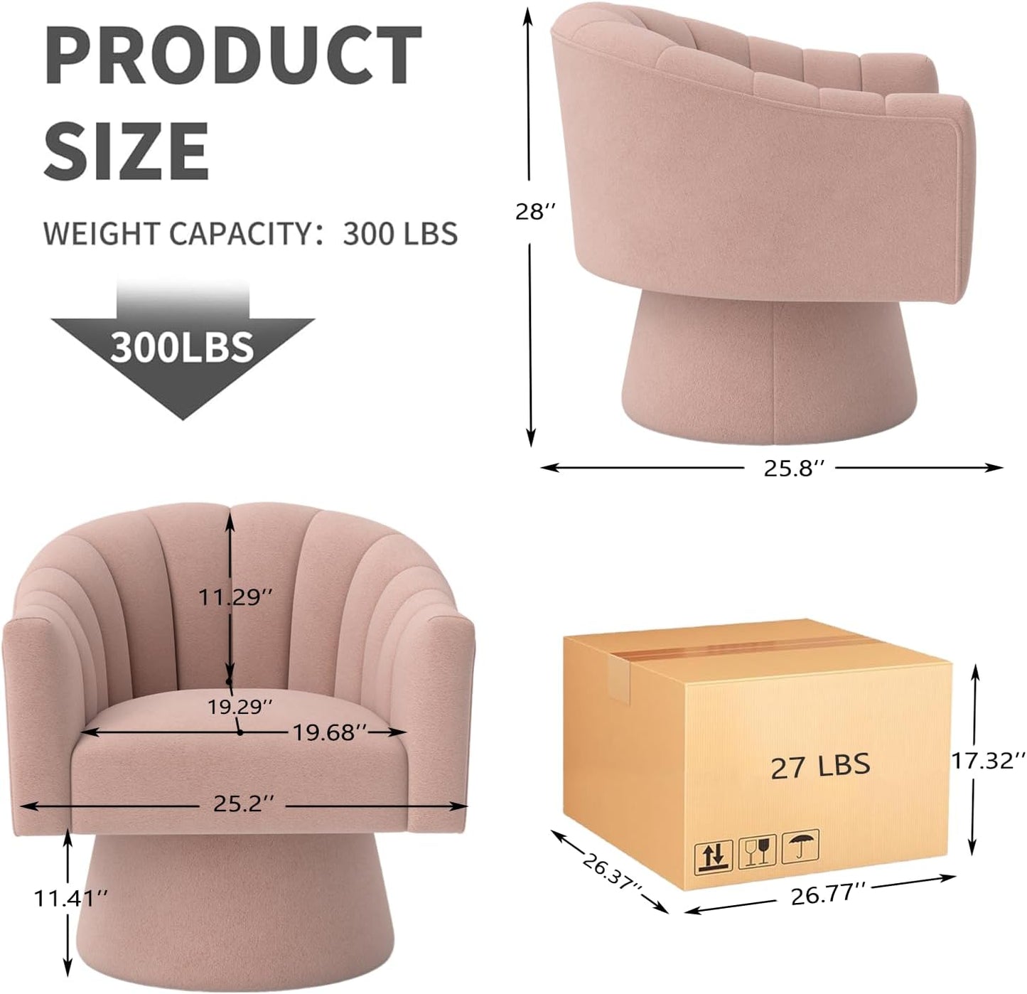 Swivel Accent Chair,Upholstered Velvet 360° Swivel Barrel Chair for Living Room Overstuffed Bouncle Reading Chair Round Armchair for Bedroom,Vanity,Office(Pink)