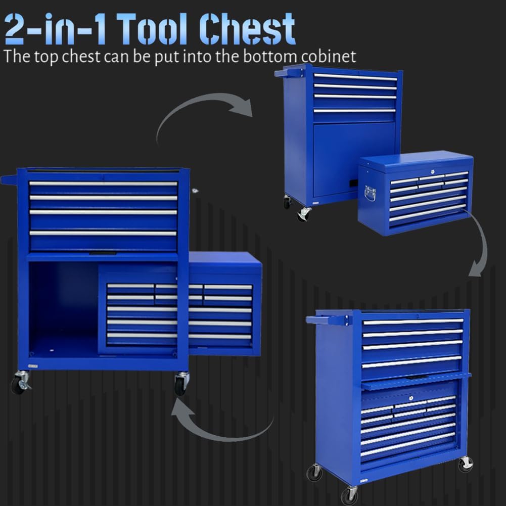 13 Drawer Rolling Tool Chest with Wheels, 2 in 1 Detachable Tool Chest with Drawers, Large Tool Box with Lock, Metal Tool Cabinet for Garage Workshop(Red)