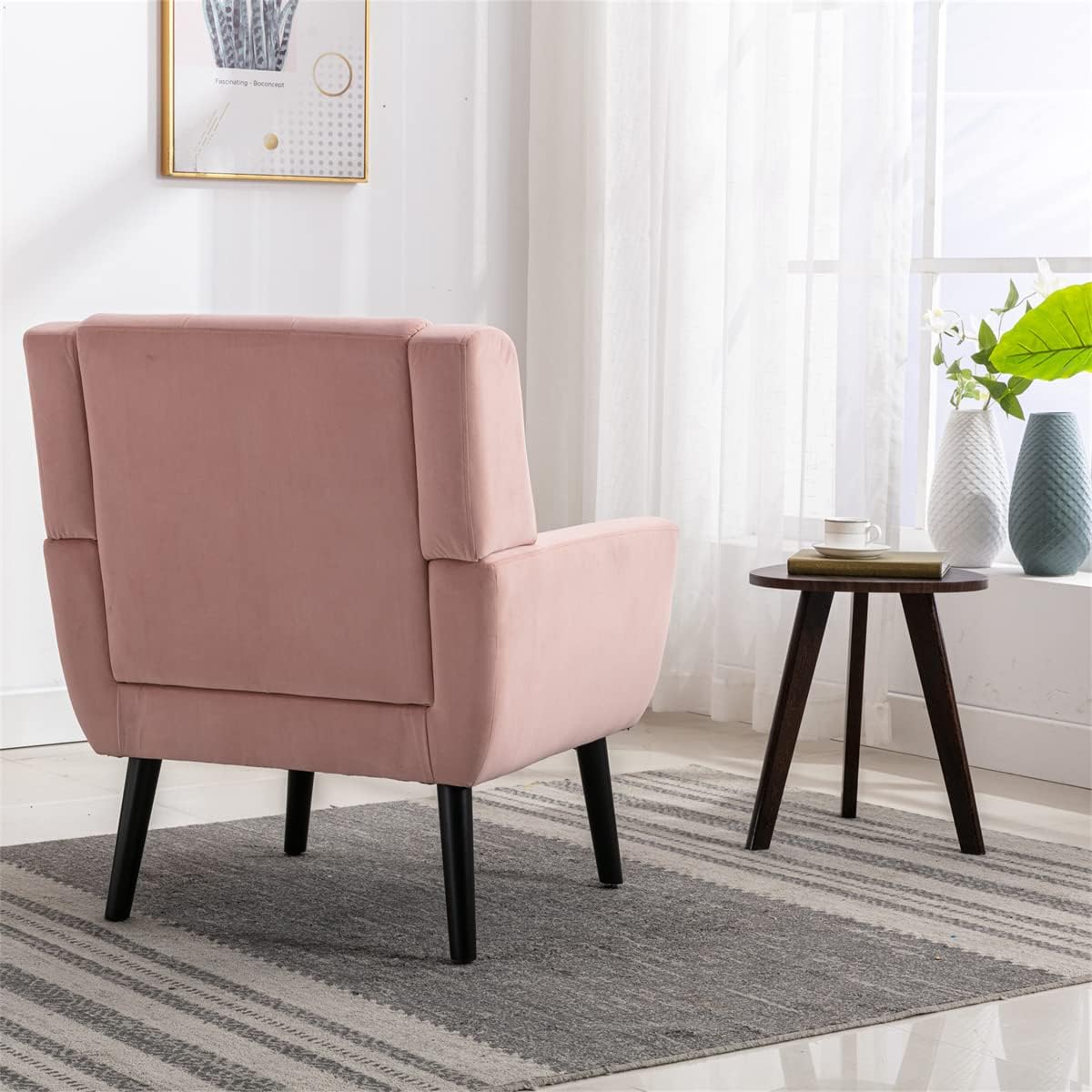 Velvet Accent Armchair,Upholstered Fabric Living Room Chair Ergonomics Chair Home Chair with Solid Black Legs,Tufted Back Decorative Chair Reading Chair for Indoor Home Living Room,Pink