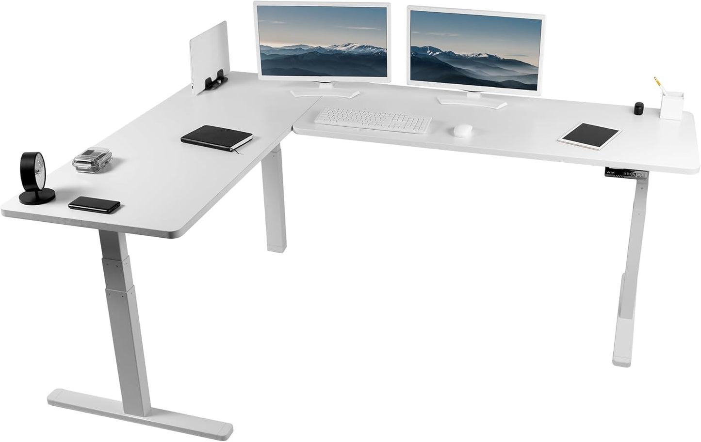 VIVO Electric Height Adjustable 83 x 60 inch Corner Stand Up Desk, 2 Light Wood Solid Table Tops, White Frame, Memory Controller, L-Shaped Workstation, 3E Series, DESK-KIT-3E8C