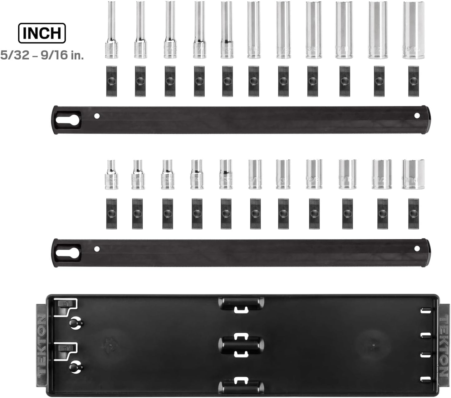 TEKTON 1/4 Inch Drive 12-Point Socket Set with Rails and Tray, 22-Piece (5/32-9/16 in.) | SHD90213