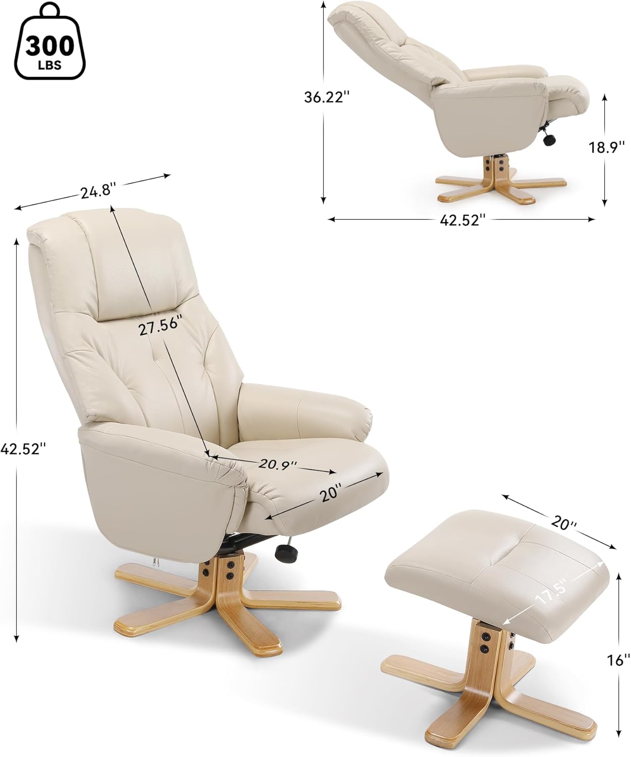 BedsPick Recliner Chair with Ottoman, 360° Swivel Reclining for Living Room Bedroom Office Rv Small Space, Comfy Modern Accent Arm Chairs, Faux Leather (Beige)