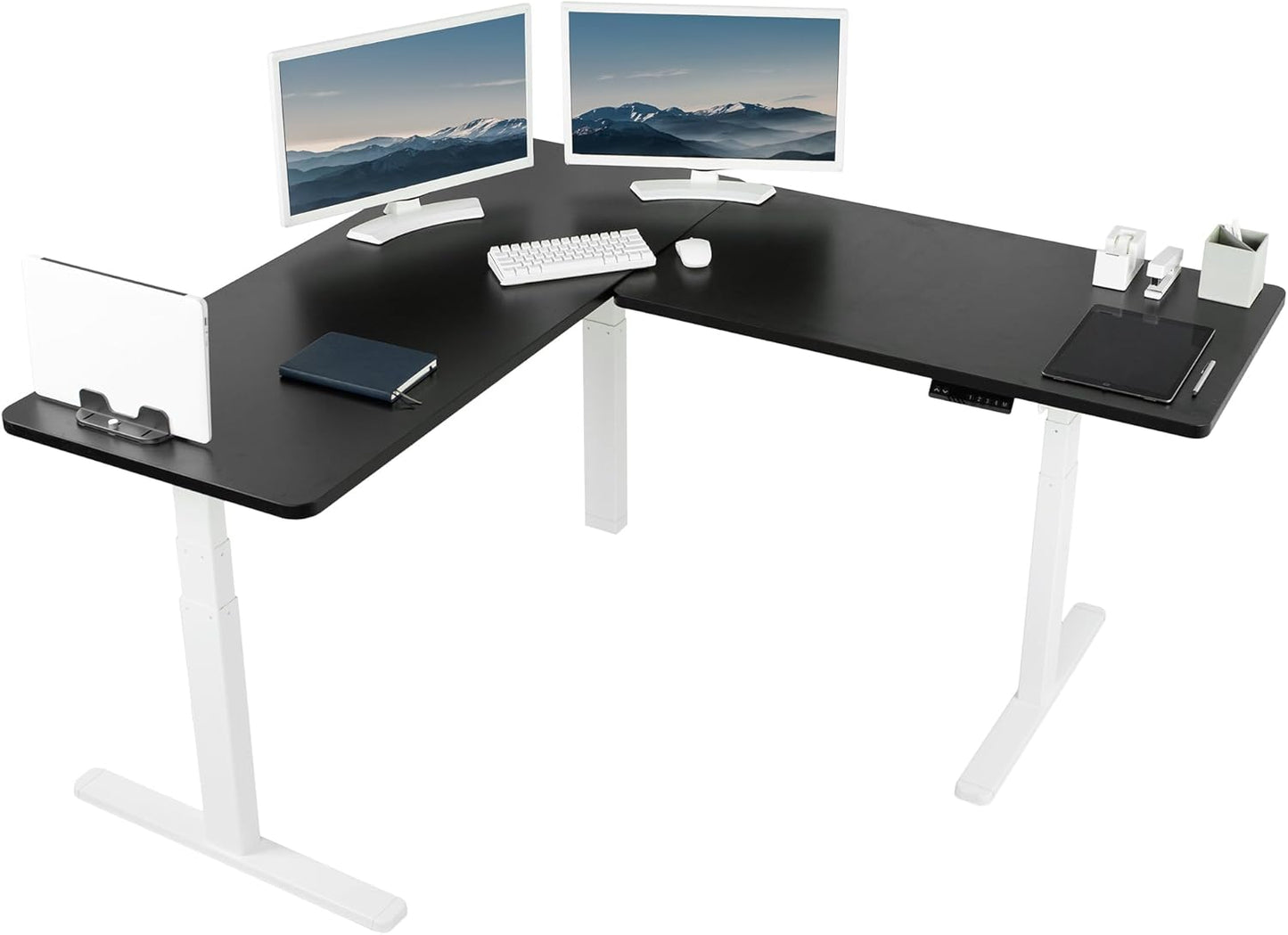 VIVO Electric Height Adjustable 83 x 60 inch Corner Stand Up Desk, 2 Light Wood Solid Table Tops, White Frame, Memory Controller, L-Shaped Workstation, 3E Series, DESK-KIT-3E8C