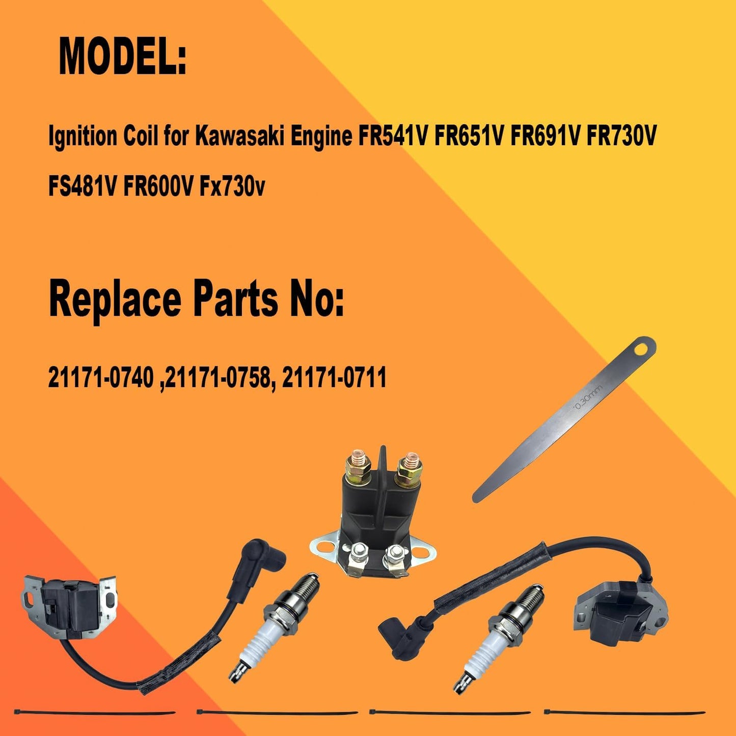 2 Pack of 21171-0740 Ignition Coil Fits for Kawasaki Engine FR541V FR600V FR651V FR691V FR730V FS481V Fx730v 21171-0758 with Start Solenoid Relay and Spark Plug