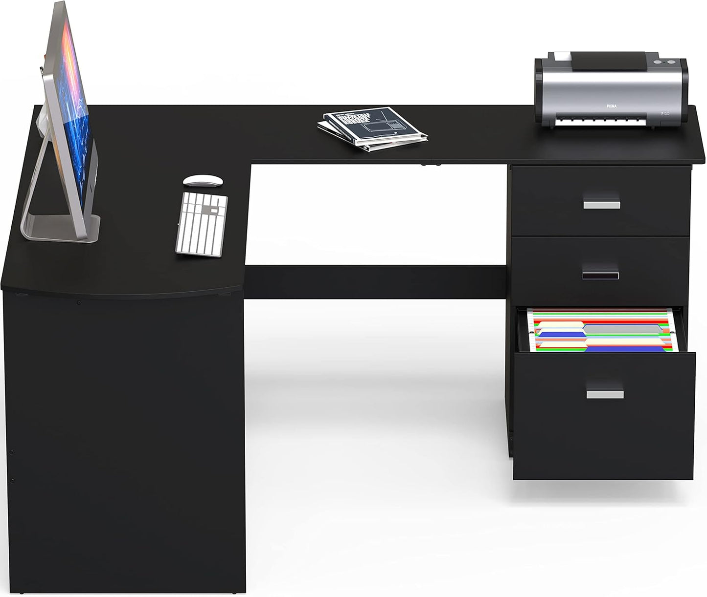 SHW 51 x 59 Inches L-Shaped Home Office Wood Corner Desk with Box Box File Drawers, Black