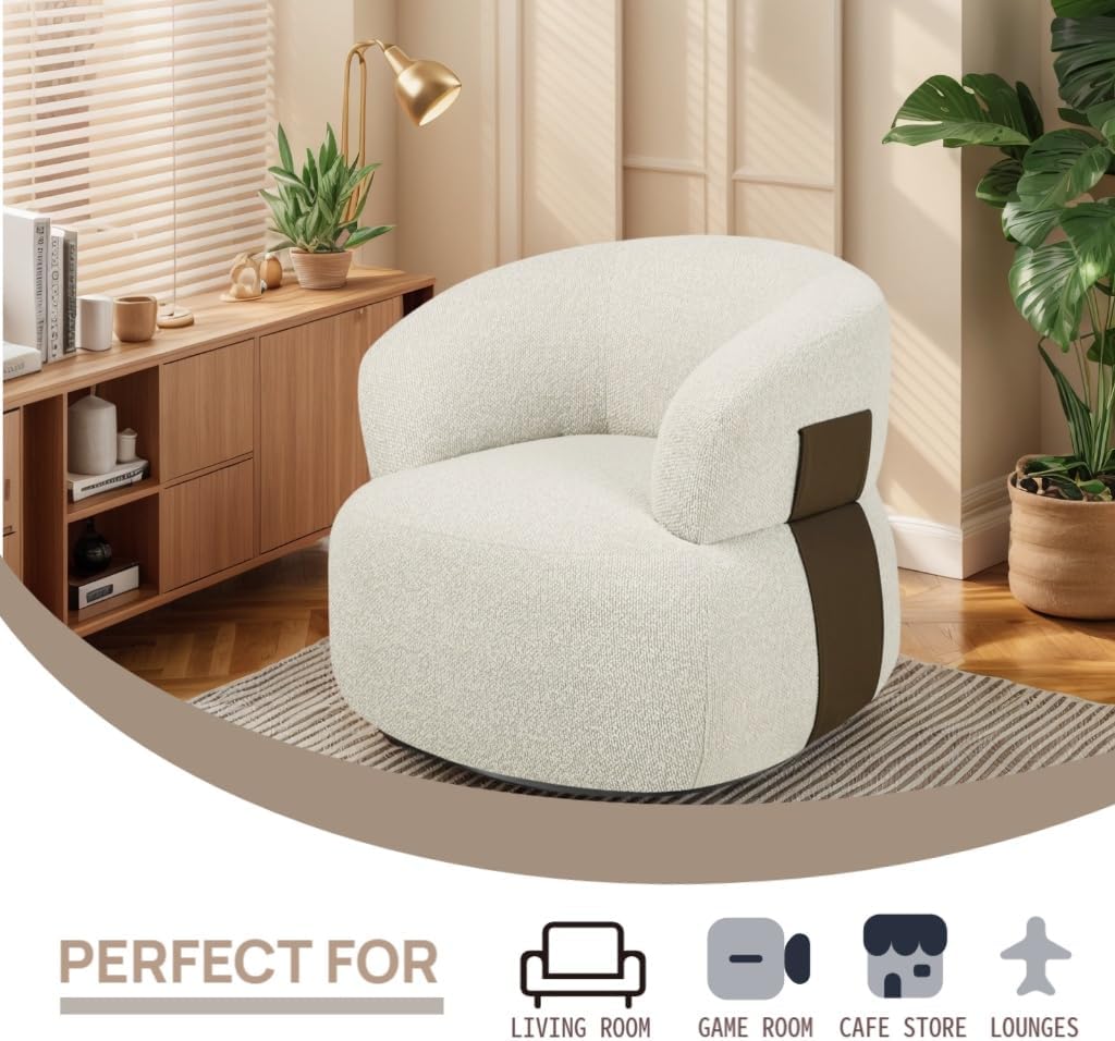 Swivel Barrel Accent Chairs-Modern Round Club Arm Chair Upholstered Living Room Armchair, Single Sofa Seating Bedroom Side Reading Seat for Living Roon Office (Beige,1 Pack)