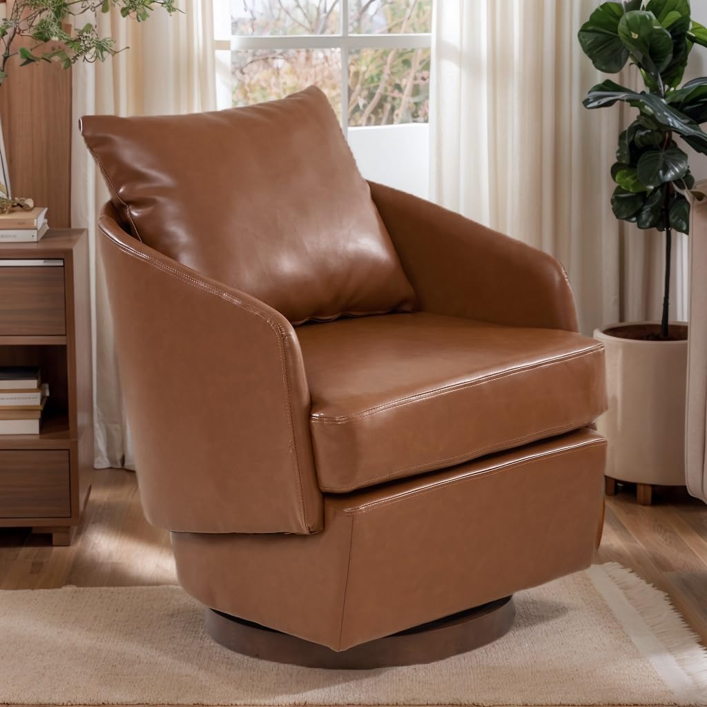 Beige Swivel Accent Chair,Comfy 360-Degree Swivel Barrel Chair with Back Pillow Living Room Bedroom Accent Arm Chairs Small Modern Upholstered Single Office Club Sofa Chair,Chenille
