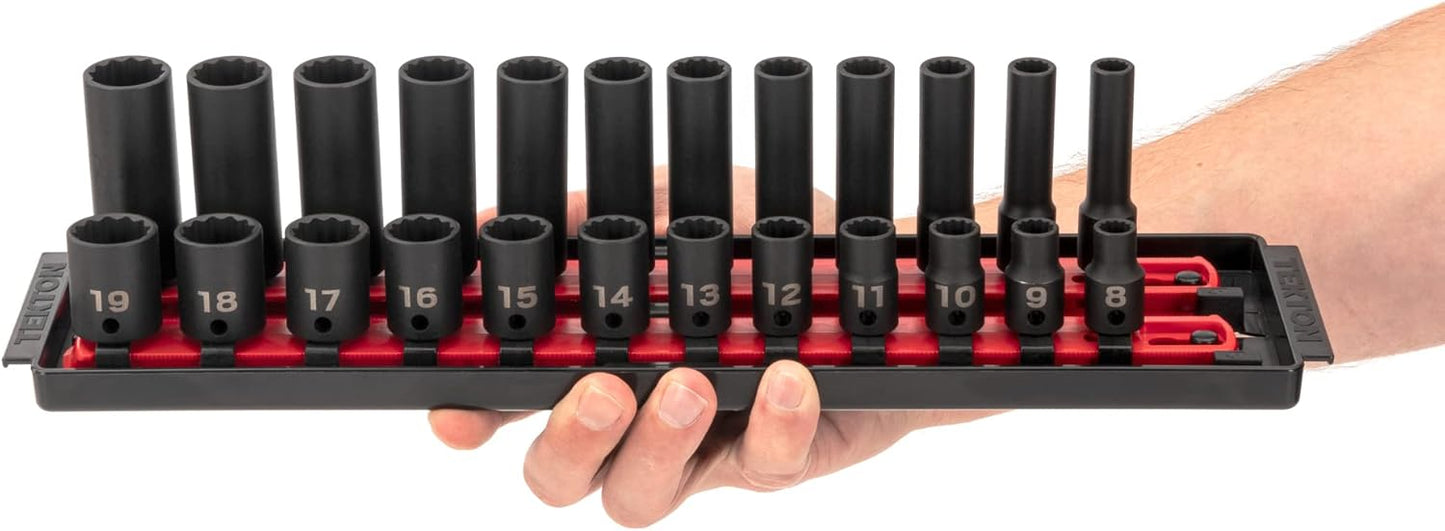 TEKTON 3/8 Inch Drive 12-Point Impact Socket Set with Rails, 68-Piece (1/4-1 in., 6-24 mm) | SID91219