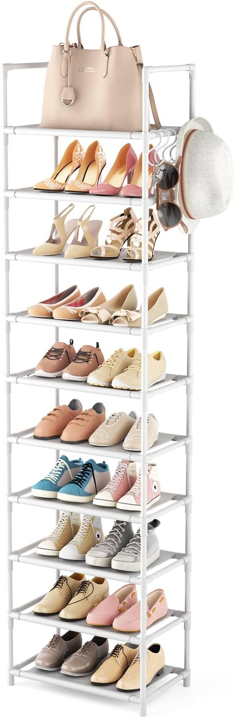 10 Tiers Tall Shoe Rack 20-25 Pairs Boots Organizer Storage Sturdy Narrow Shoe Shelf for Entryway, Closets with Hooks, Black
