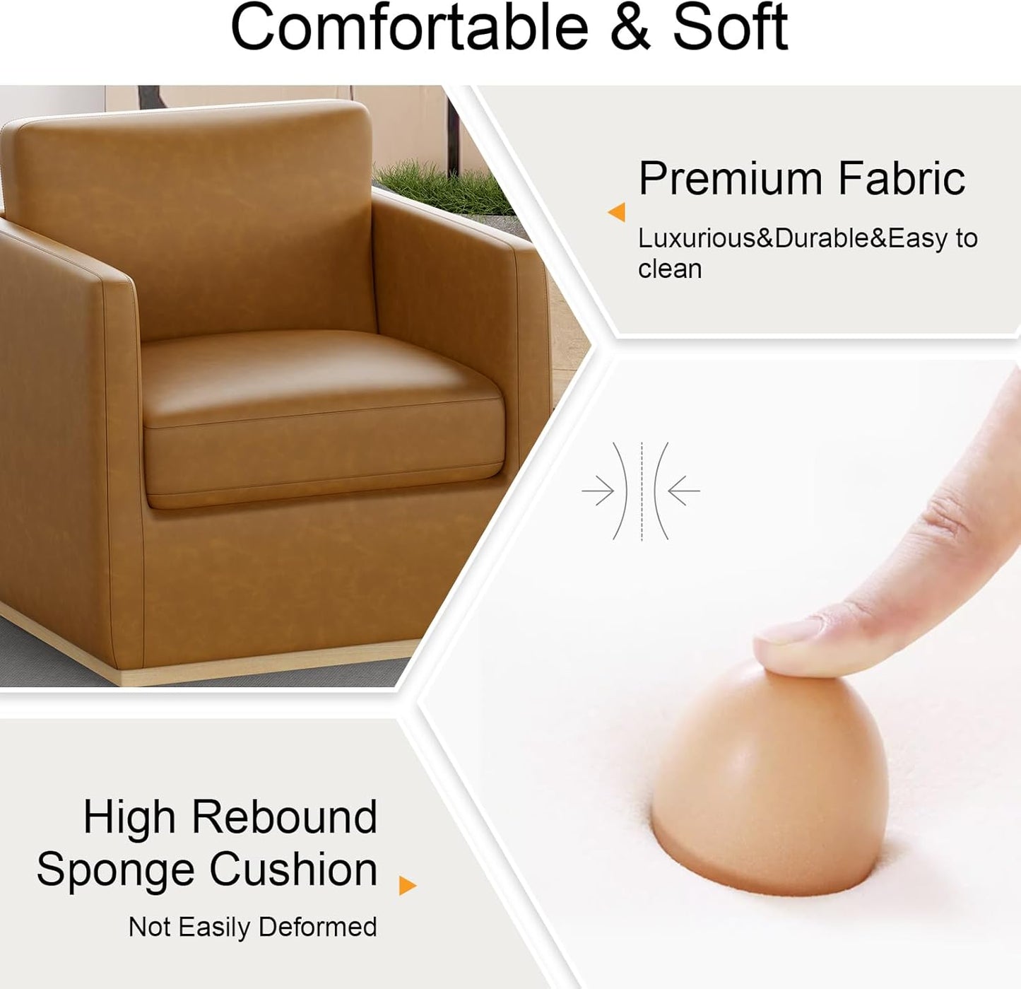 Swivel Accent Chair, Premium Barrel Chair for Living Room, Comfy Single Sofa Chair, Round Swivel Couch Chair, Small Reading Chair for Adults, Accent Bucket Chairs for Bedroom/Club, Leather Brown