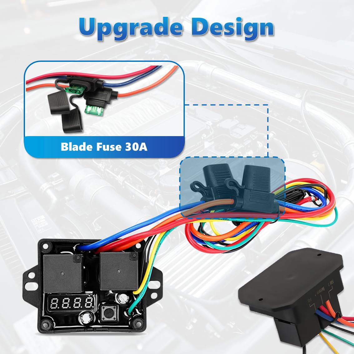 12V/24V Digital Electric Radiator Fan Controller Switch Kit with Adjustable Temperature Range (104-230°F), LED Real-Time Display, Thermatic Dual Fan Relay Kit for Automotive Systems (Part #0444)