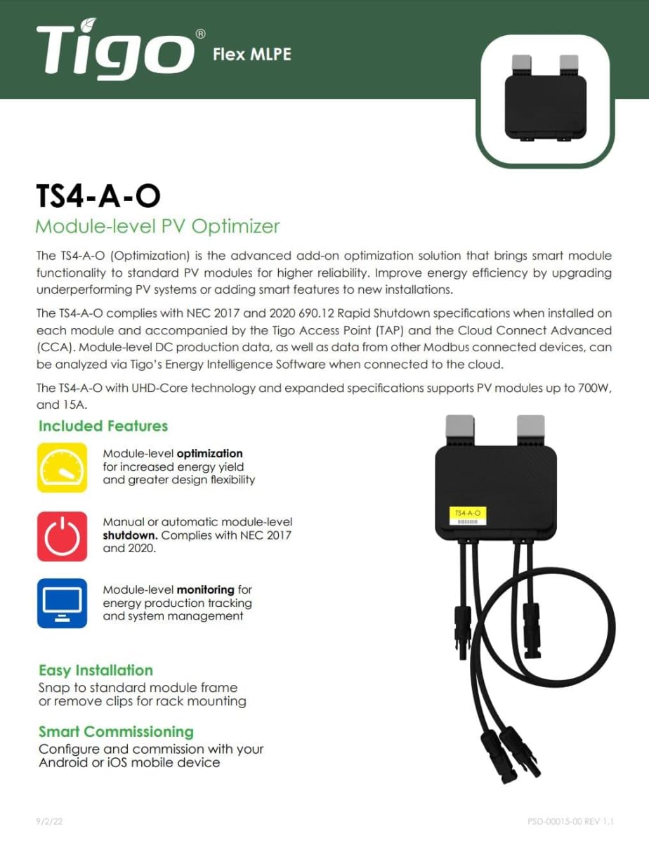 Tigo TS4-A-O Module Add-On Rapid Shutdown, Optimization, 1500V UL/1000TUV, 1.2M Cable, MC4 Genuine Connectors, Part No. 461-00252-32