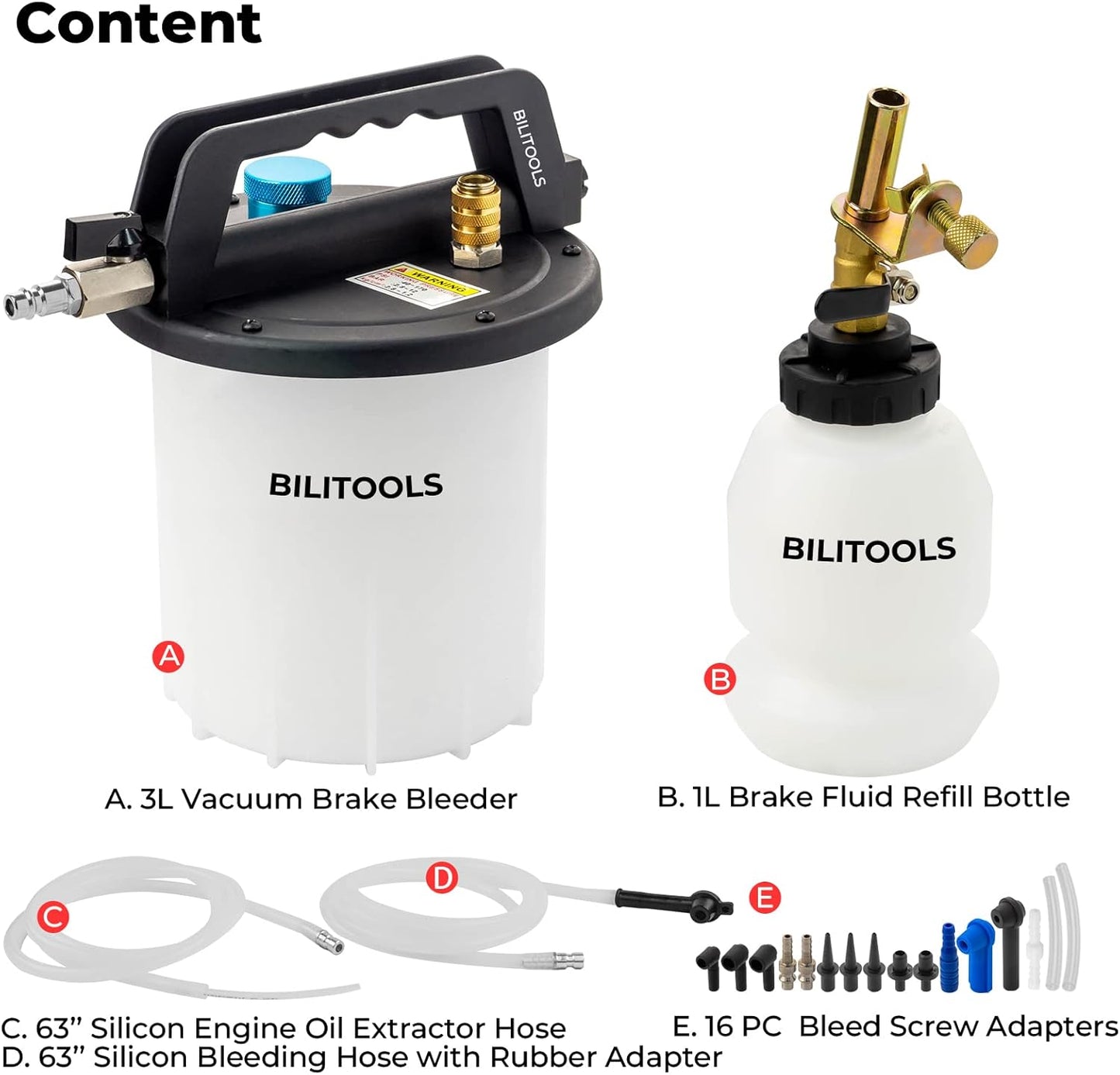 BILITOOLS 3L Vacuum Brake Bleeder Kit, One Person Pneumatic Brake Fluid & Clutch Bleeding Extractor Tool with Adapters & 1L Refilling Bottle
