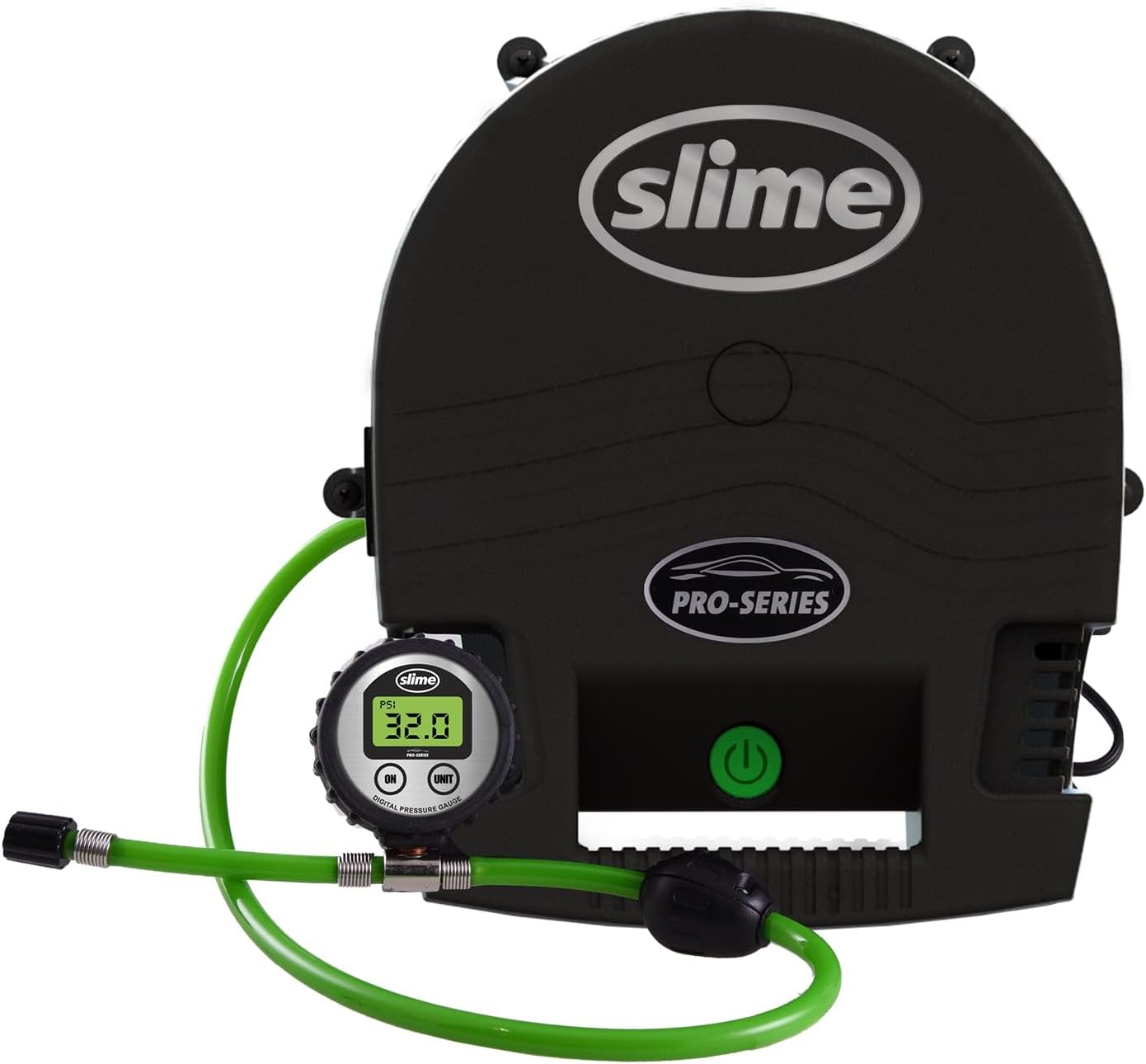 Slime 40045 Home Tire Inflator, Wall Mounted 120V, SUV, 4x4 Air Compressor, Heavy Duty, 2X Pro Power, with Analog 100 psi Dial Gauge, Long Hose and LED Light, 4 min Inflation