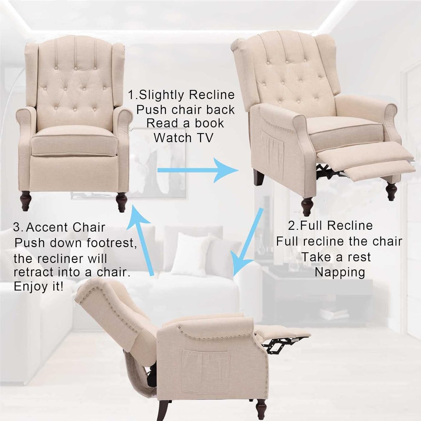 BINGTOO Wingback Recliner Chair with Massage and Heat Pushback Recliner Chair Mid Century Accent Chairs Tufted Fabric with Rivet Decoration for Living Room Bedroom