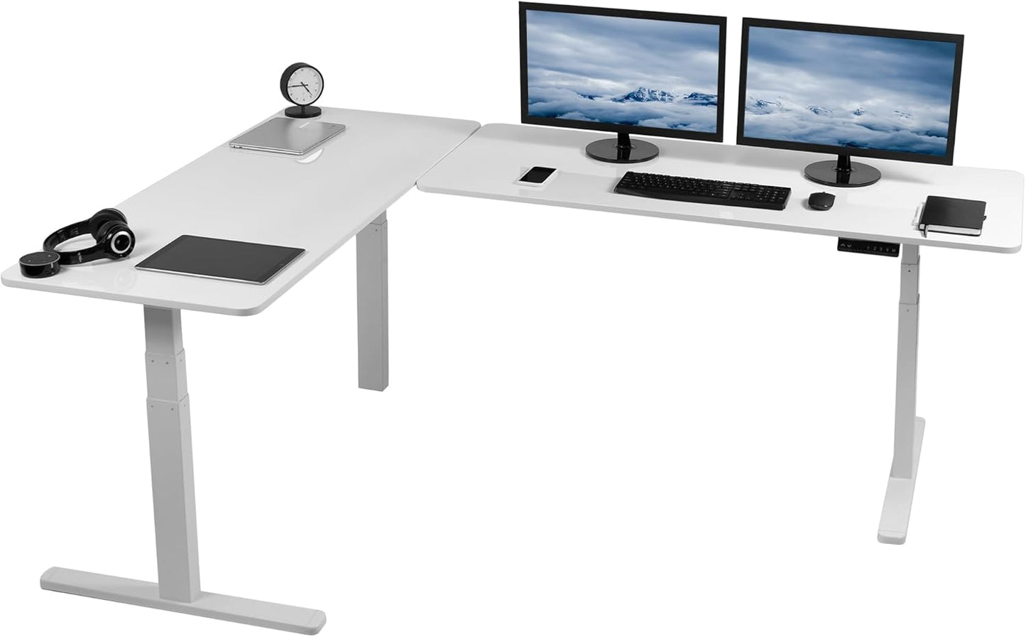 VIVO Electric Height Adjustable 83 x 60 inch Corner Stand Up Desk, 2 Light Wood Solid Table Tops, White Frame, Memory Controller, L-Shaped Workstation, 3E Series, DESK-KIT-3E8C