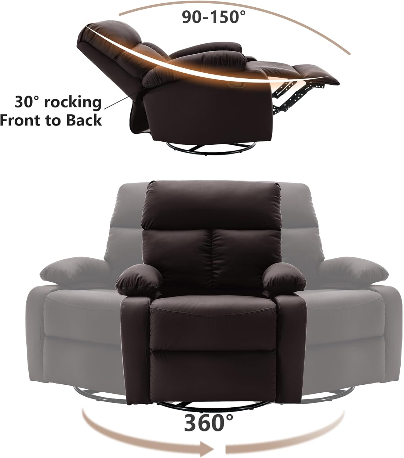Swivel Rocker Recliner Chair, Small Manual Reclining Chair with Overstuffed Arm and Back, PU Leather Single Sofa Seat for Living Room, Bedroom, Dark Brown