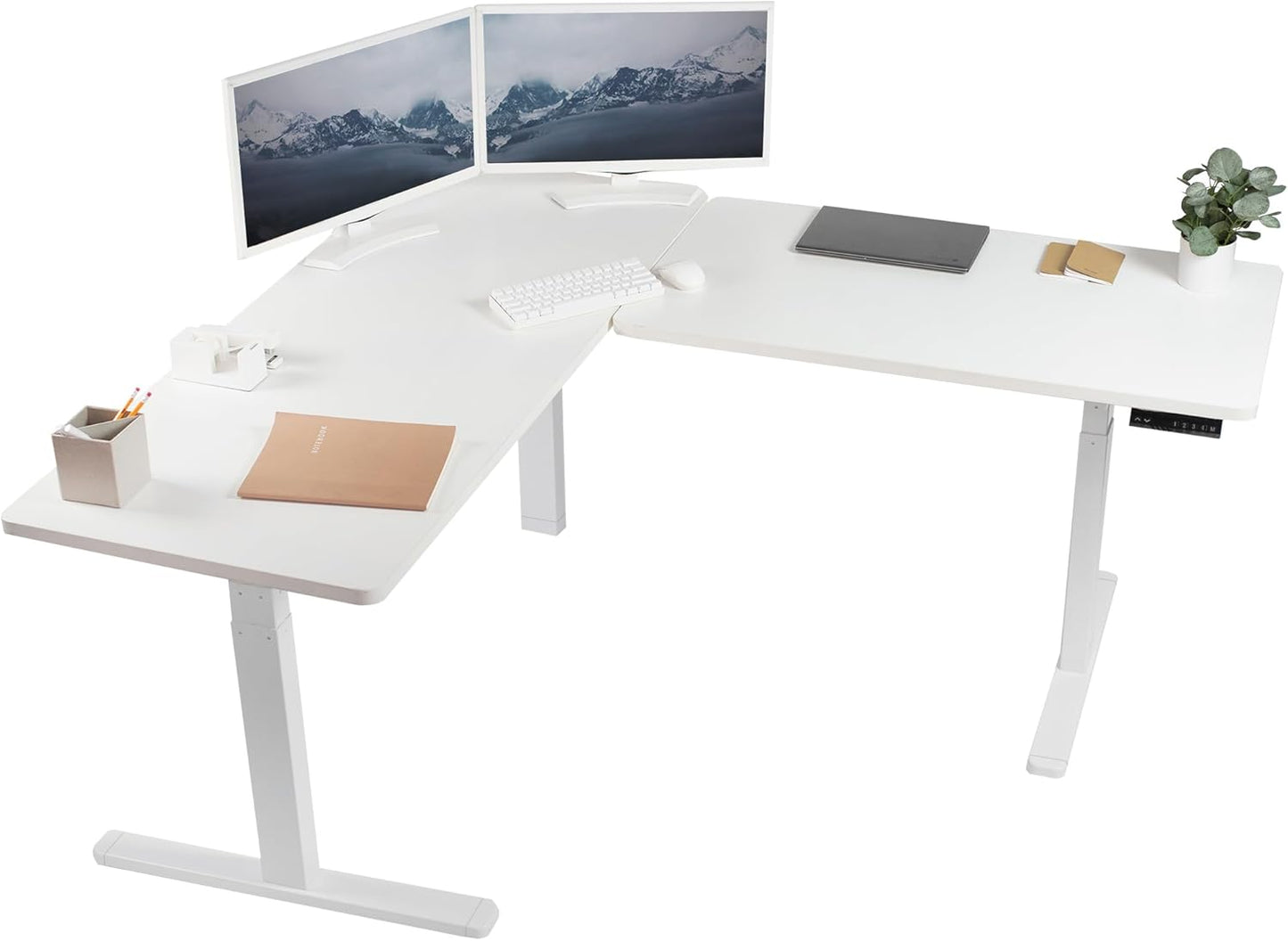 VIVO Electric Height Adjustable 83 x 60 inch Corner Stand Up Desk, 2 Light Wood Solid Table Tops, White Frame, Memory Controller, L-Shaped Workstation, 3E Series, DESK-KIT-3E8C