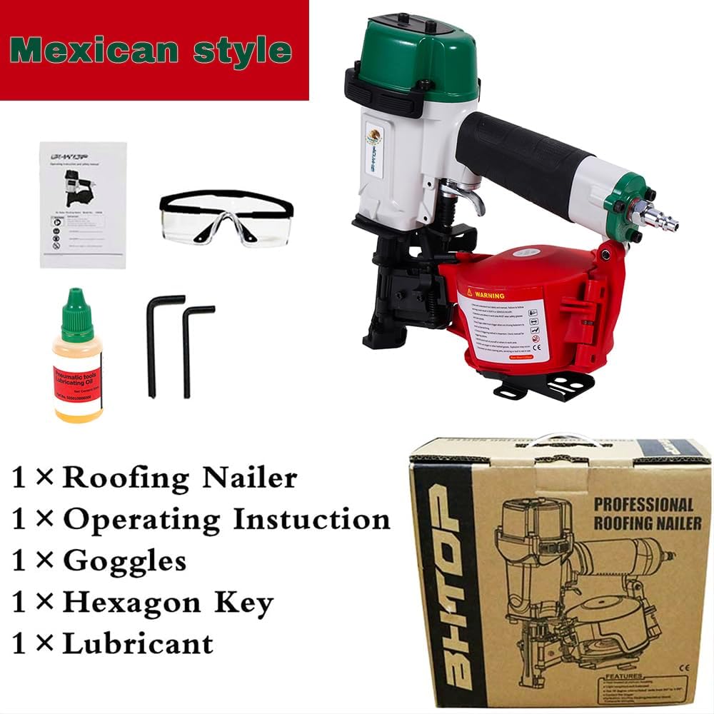 BHTOP Mexican CN45N Roofing Nailer, 15 Degree Roofing Nail Gun, 3/4-Inch to 1-3/4-Inch Coil Nails, 120-pcs Load Capacity Coil Naile (Green/Red)