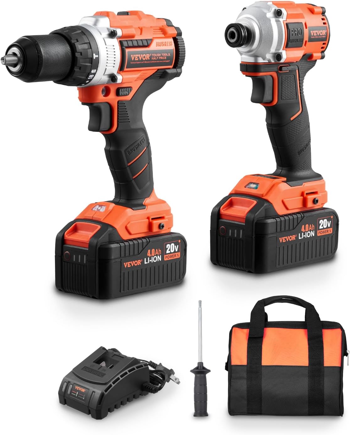 VEVOR Tool Combo Kit, 20V Brushless 5-Tool Combo Kit, Cordless Power, Cordless Drill and Impact Driver, with 4.0 Ah Batteries, Charger, Reciprocating Saw, Circular Saw, and Work Light