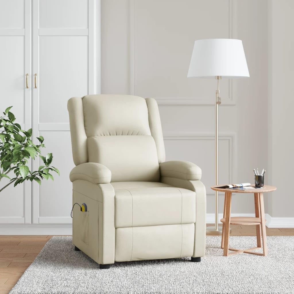 vidaXL Modern Cream Faux Leather Massage Chair with Adjustable Backrest and USB Powered Function for Living Room Office Chairs Reclining Recliner Armchair TV Sofa