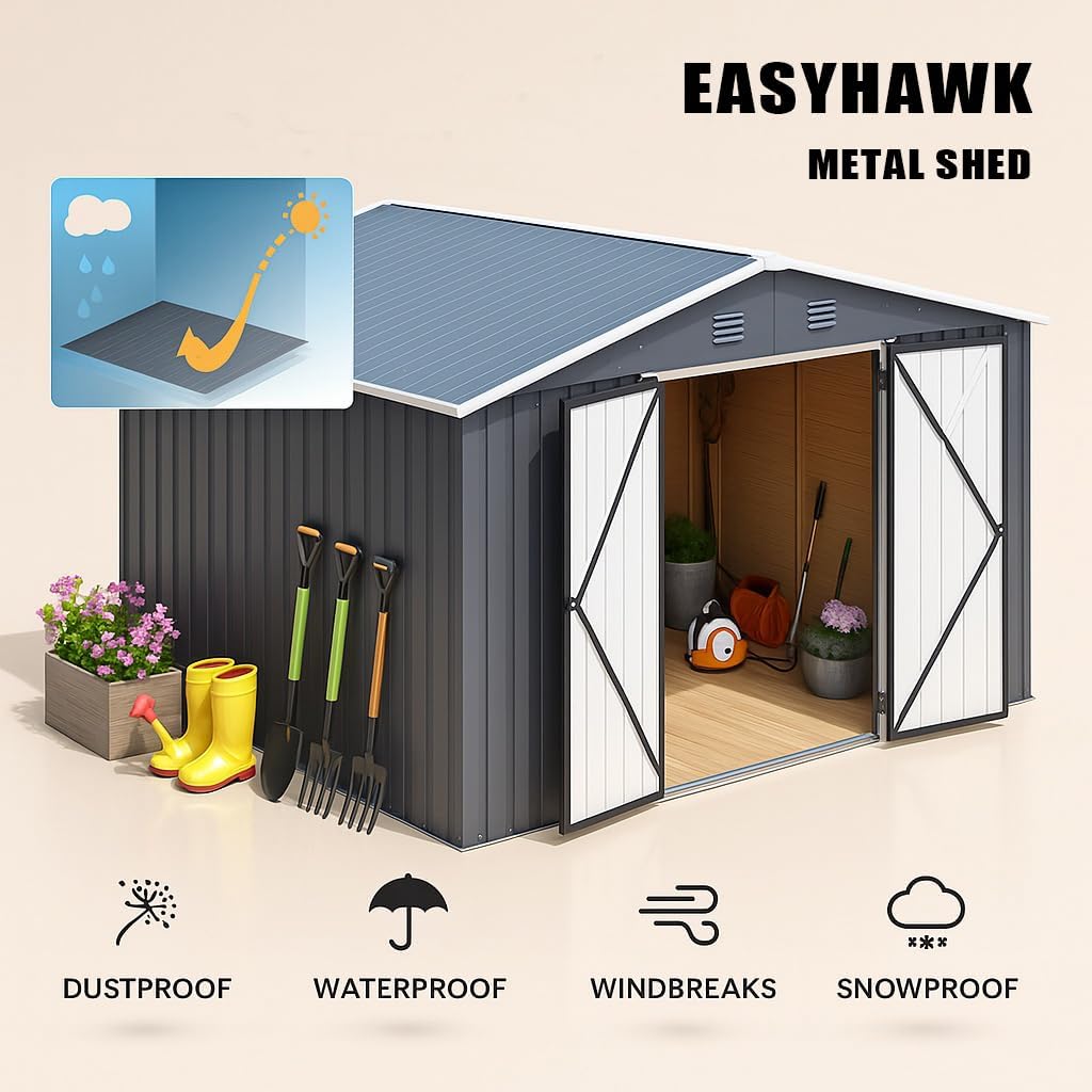 10 x 12 FT Outdoor Storage Shed, Metal Waterproof Storage Shed Steel Utility Garden Tool Shed with Door & Lock Outdoor Storage for Garden Patio Lawn Poolside Black