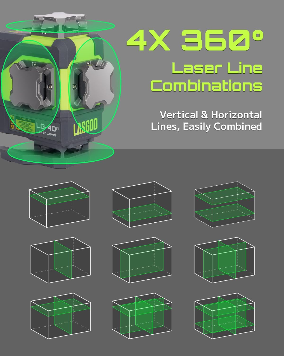 4x360° Self-Leveling Laser Level, 16 Lines Green Cross Line Laser, for Construction Projects and Home Decoration, with 2 Rechargeable Li-Ion Batteries and Magnetic Bracket, LG-4Ds