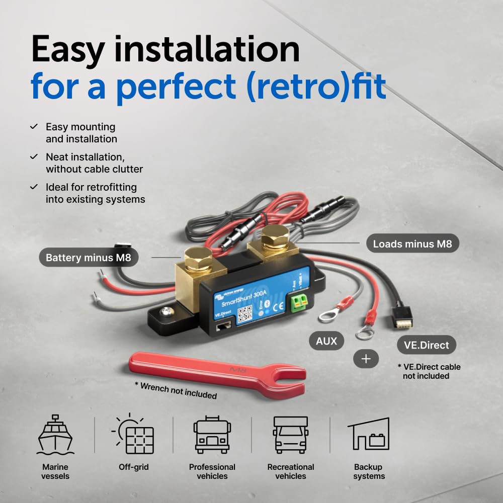 Victron Energy Smart Battery Shunt - Battery Monitor (Bluetooth) - Victron Smart Shunt with Detailed in-app Insights - 6.5V-70V, 300 amp