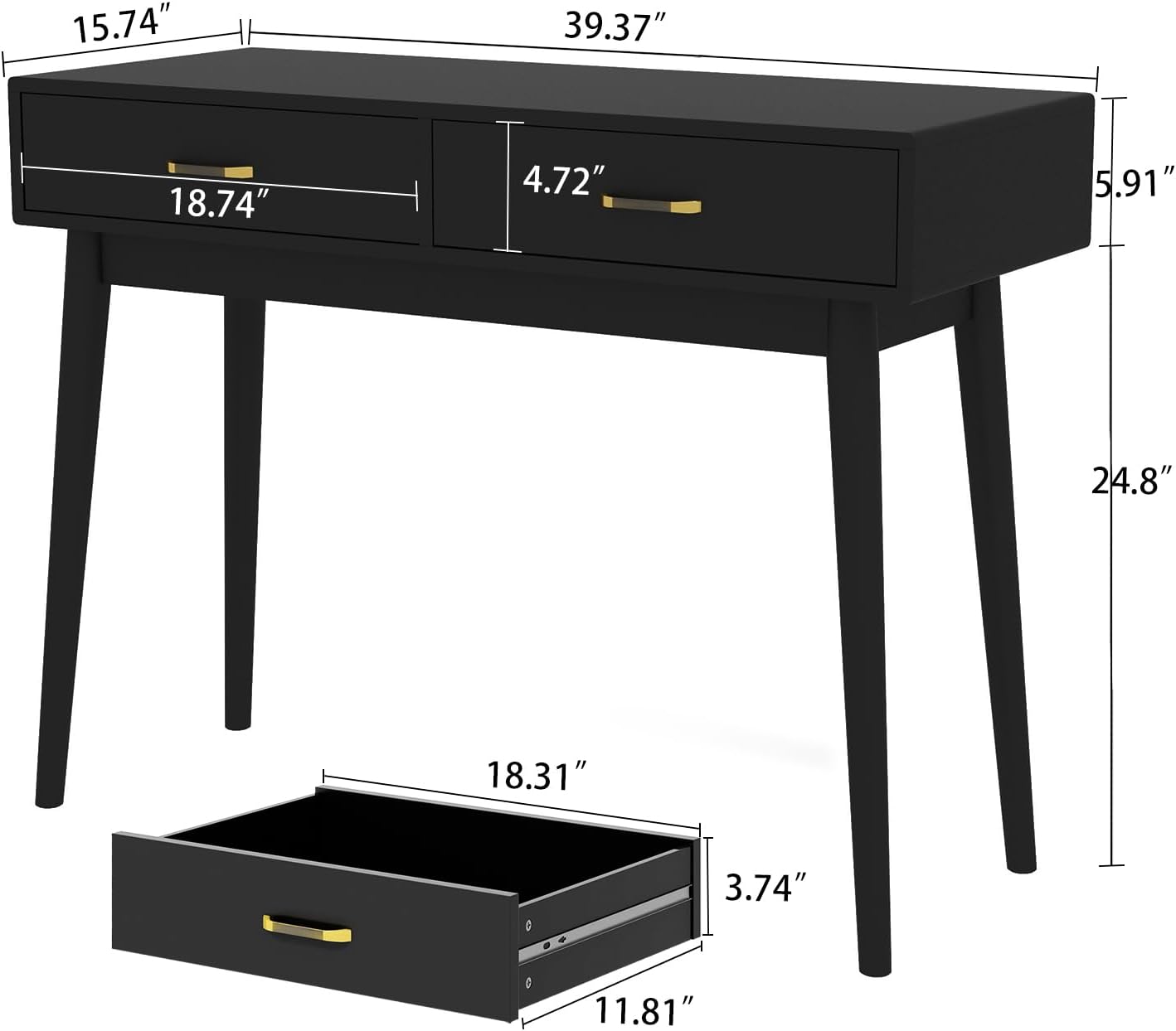 Black Small Writing Desk with Drawers, 40 Inch Writing Desk for Home Office, Vanity Desk with Solid Wood Leg for Small Spaces