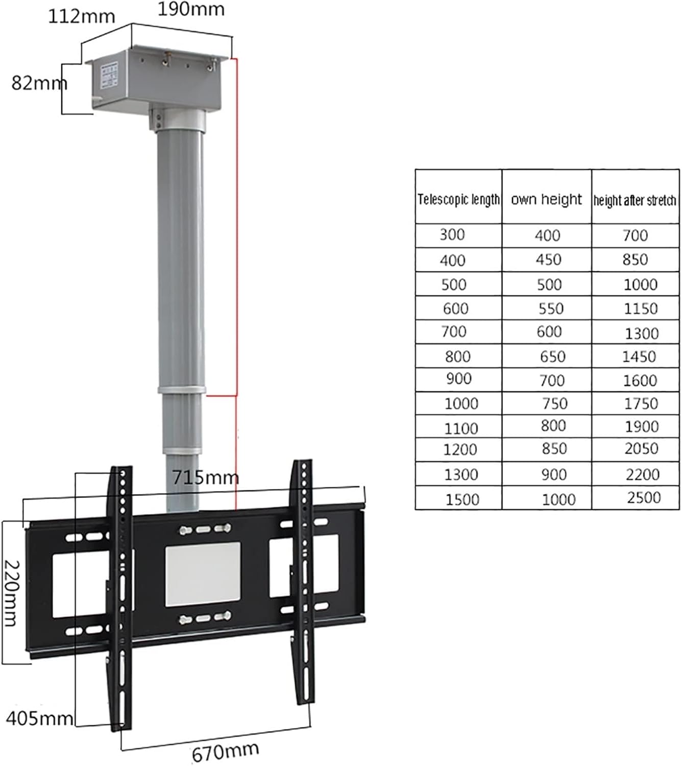 Adjustable Height Electric TV Lift with Remote Control - Motorized TV Mount - Ceiling TV Mount Bracket,2 Installation Methods,Fits 26-70 Inch Low Profile TVs,30cm