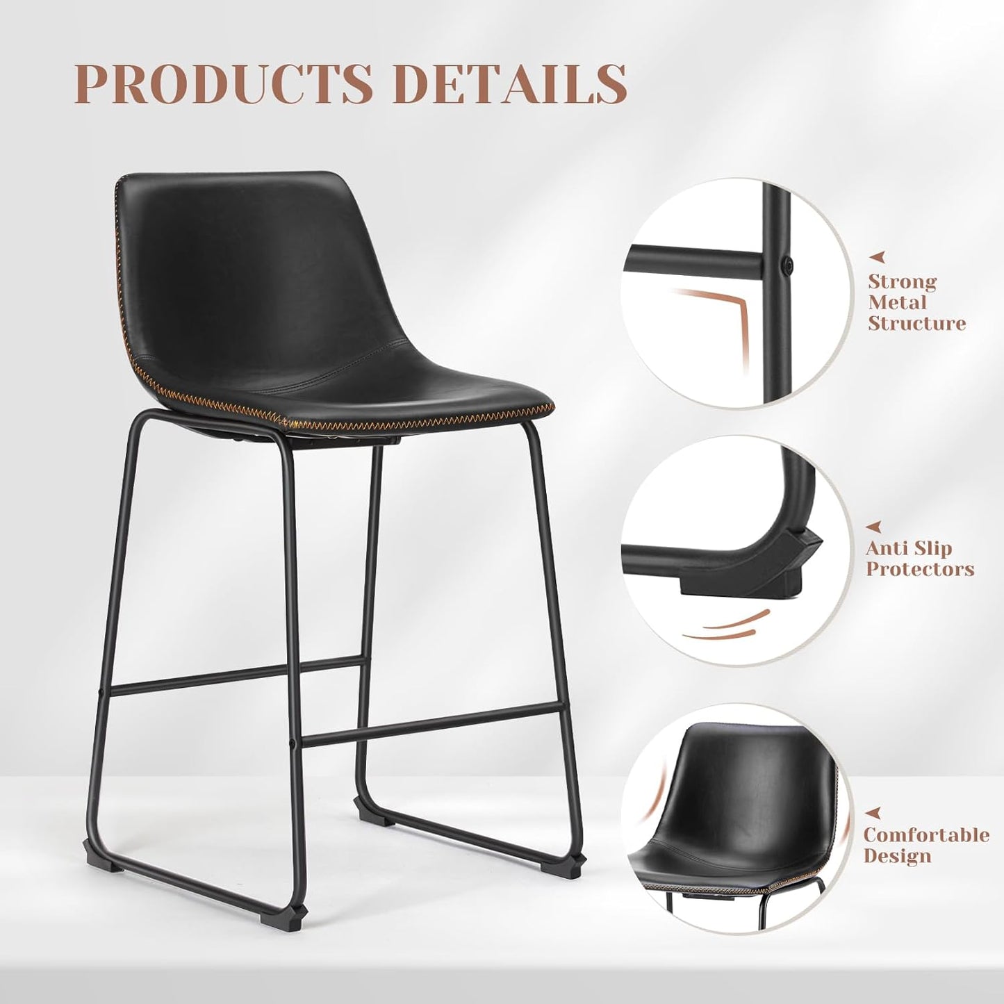 Sweetcrispy Counter Height Bar Stools Set of 2, 26 inch Height Stool Faux Leather Barstools with Back, Armless Kitchen Island Countertop Comfortable Modern Chairs with Metal Legs - Classic Black