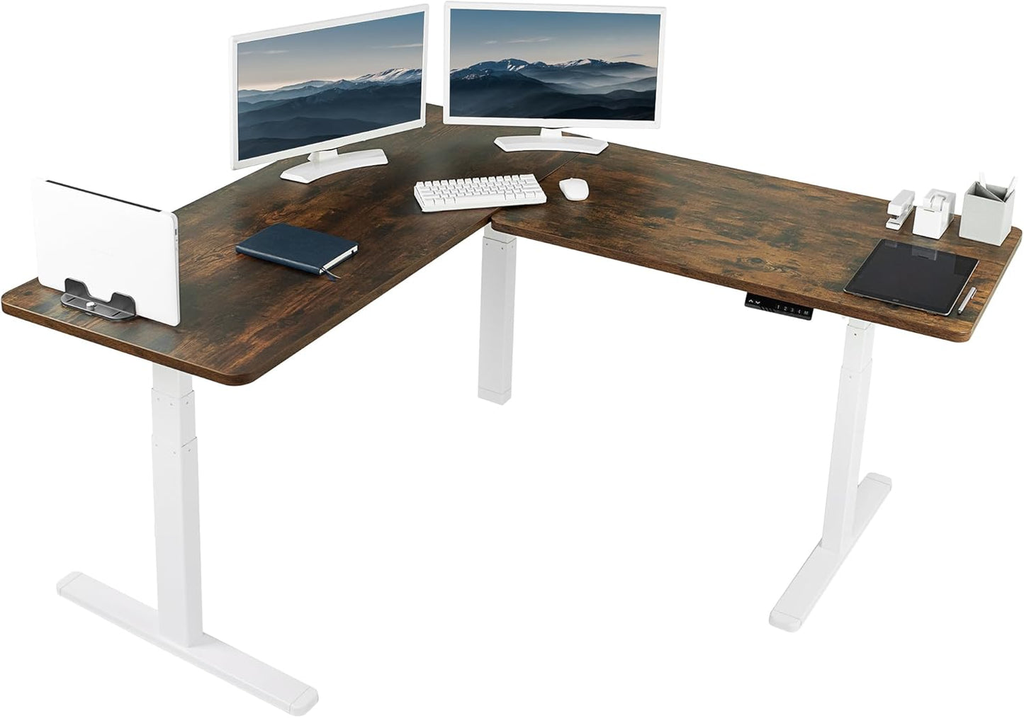 VIVO Electric Height Adjustable 83 x 60 inch Corner Stand Up Desk, 2 Light Wood Solid Table Tops, White Frame, Memory Controller, L-Shaped Workstation, 3E Series, DESK-KIT-3E8C