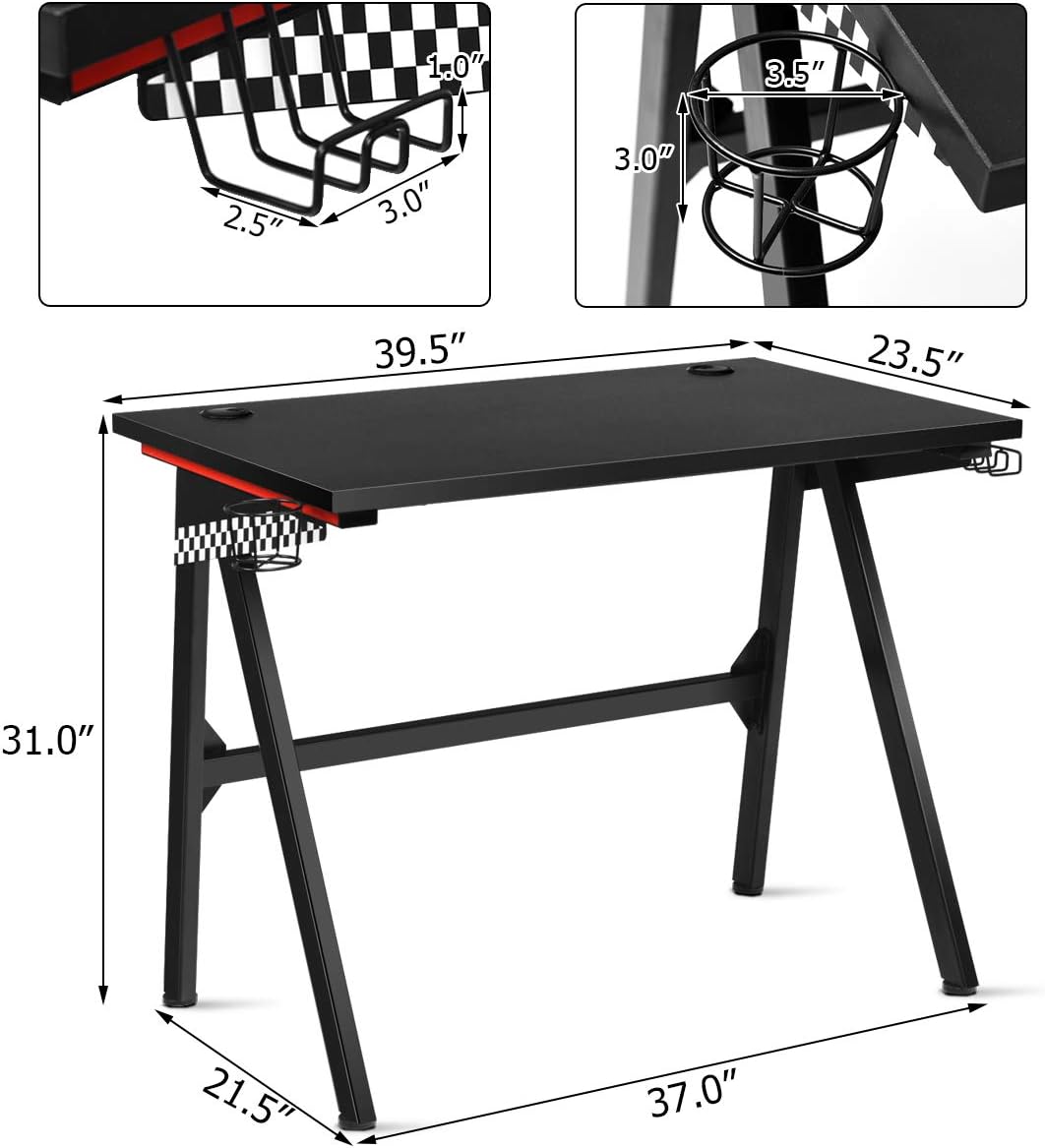 Tangkula Computer Desk Gaming Desk, E Sports Gamer Table, Professional Gamer Workstation with Cup Holder, Headphone Hook, Ergonomic PC Gaming Table, Writing Desk for Home Office (Black)