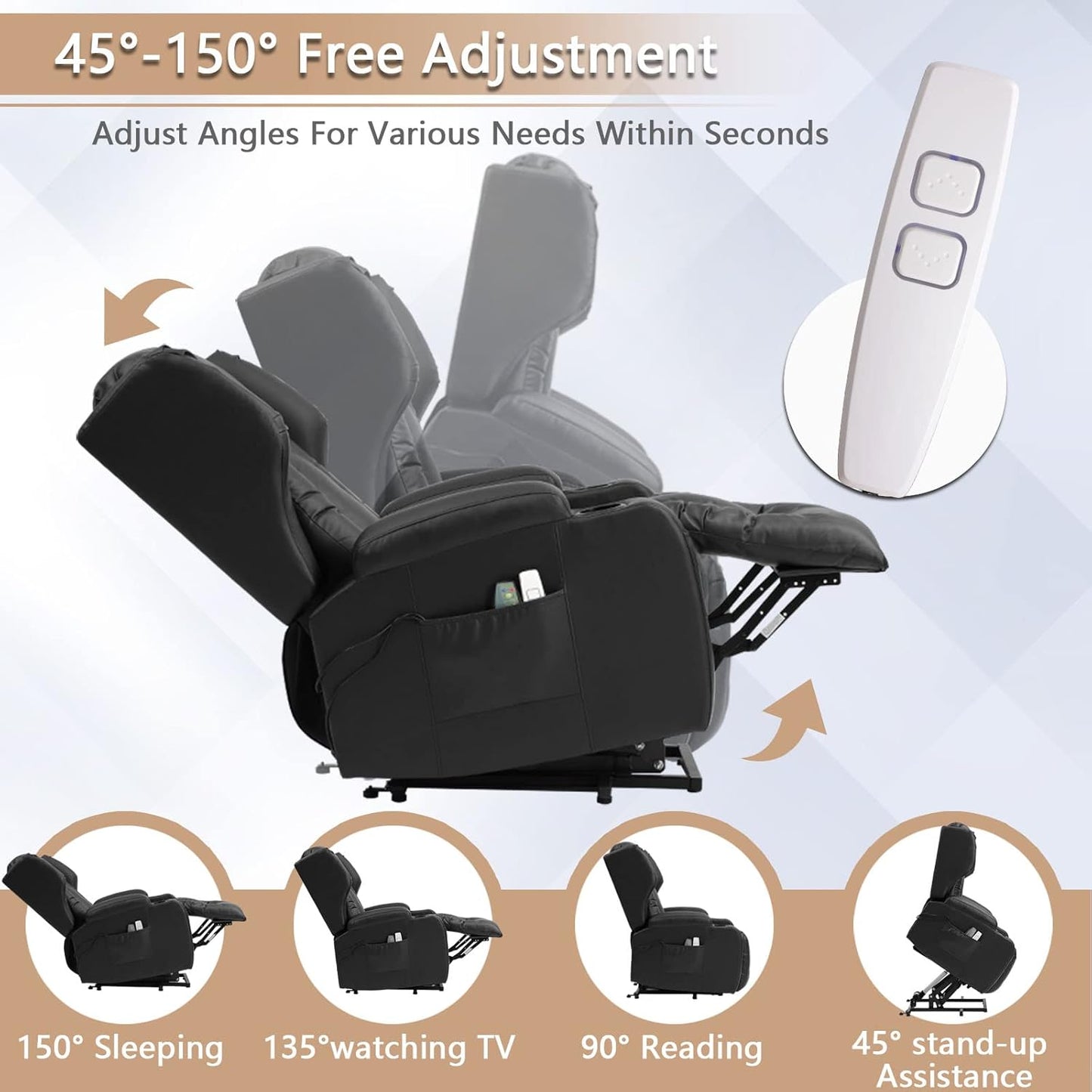 IPKIG Power Lift Chairs Recliners for Elderly with Massage and Heated, Faux Leather Power Recliner Chair with USB Ports/2 Remote Control/4 Side Pocket for Living Room, Bedroom (Black)