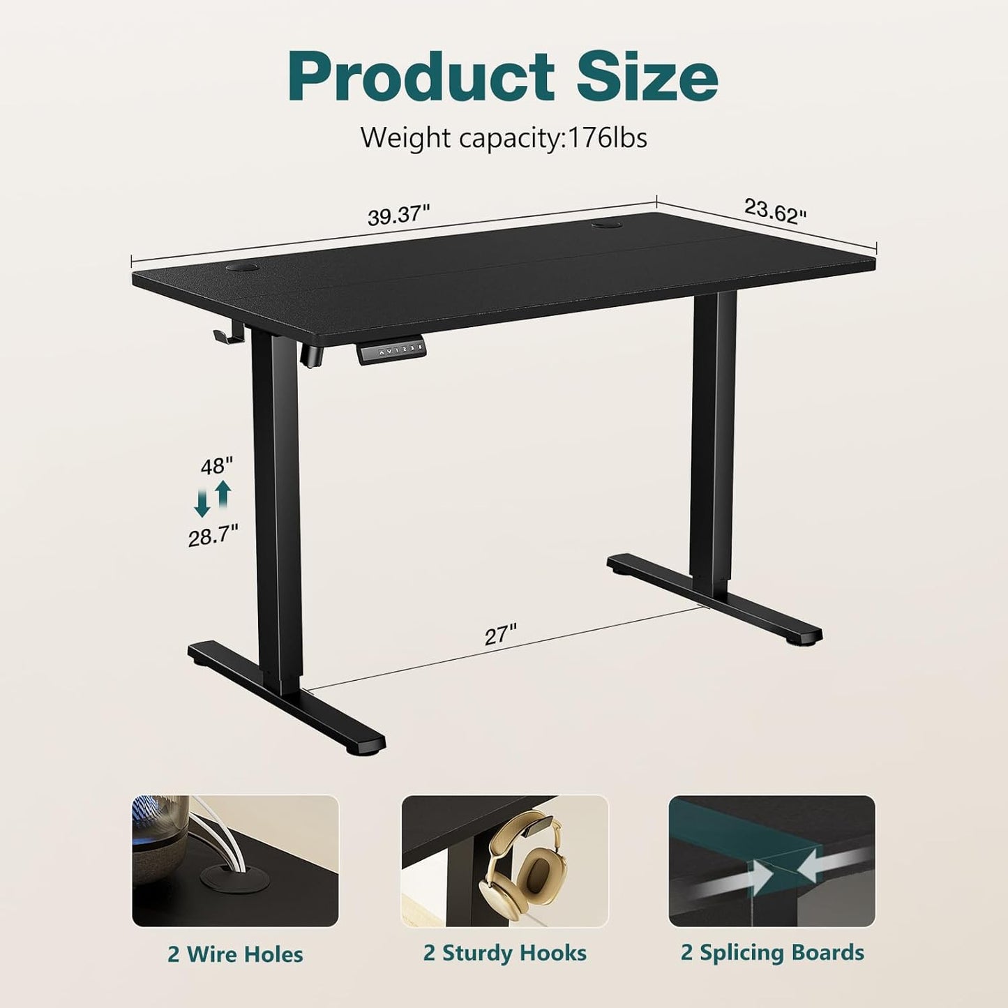 SMUG Standing Desk, Adjustable Height Electric Sit Stand Up Down Computer Table, 40x24 Inch Ergonomic Rising Modern Lift Motorized Gaming Desktop Workstation for Work Home Office, Black