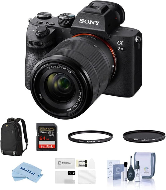 Sony Alpha a7 III 24MP UHD 4K Mirrorless Digital Camera with FE 28-70mm Lens - Bundle with Lowepro m-Trekker BP 150 Backpack, NXT 55mm 10-Layer HMC UV/CPL Filters, 64GB SDXC U3 Card, and More