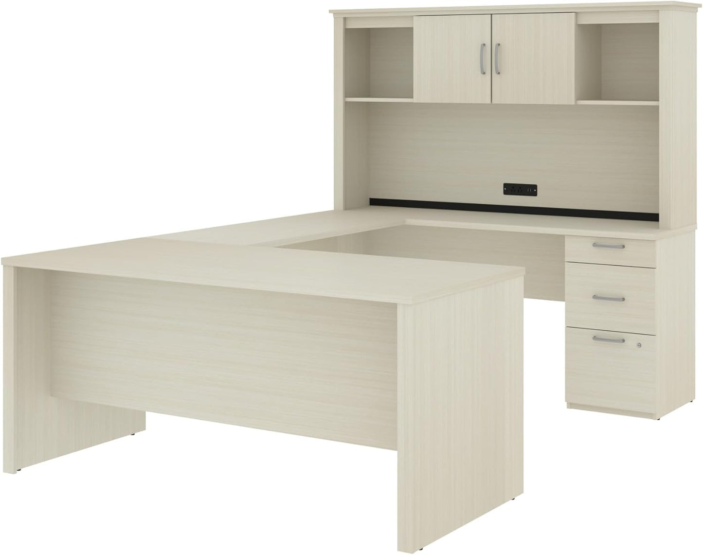 Bestar Logan 66W U or L-Shaped Executive Office Desk with Pedestal and Hutch in Bark Grey, Table Workstation for Personal Home Workspace