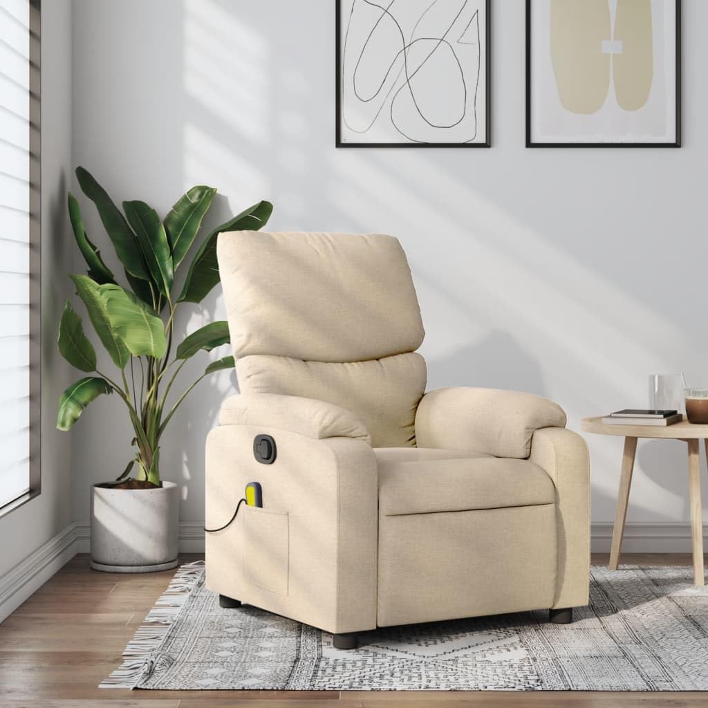 vidaXL Massage Recliner Chair/Cream Fabric Vibration Reclining Seat with Handle/Footrest/Armrests for Living Room/Bedroom/29.5" x39 x39 W/D/H