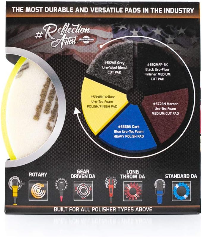 The Rag Company - Buff and Shine Reflection Artist Complete 6" Buffing Kit - Combination of Five Pads, URO line, Easy to Use Combo