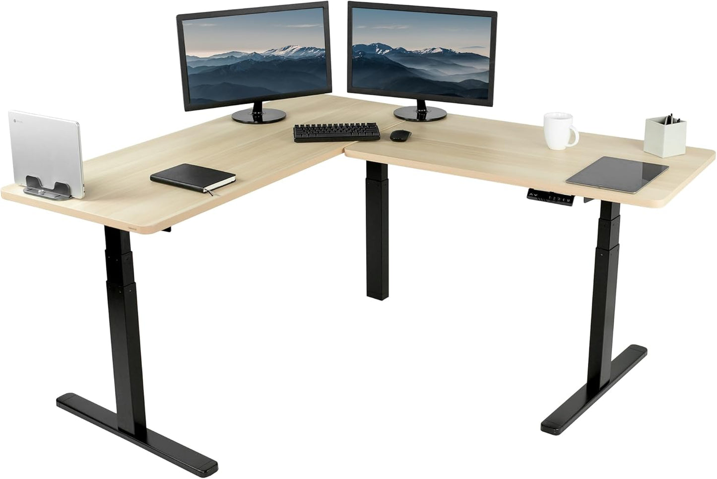 VIVO Electric Height Adjustable 83 x 60 inch Corner Stand Up Desk, 2 Light Wood Solid Table Tops, White Frame, Memory Controller, L-Shaped Workstation, 3E Series, DESK-KIT-3E8C